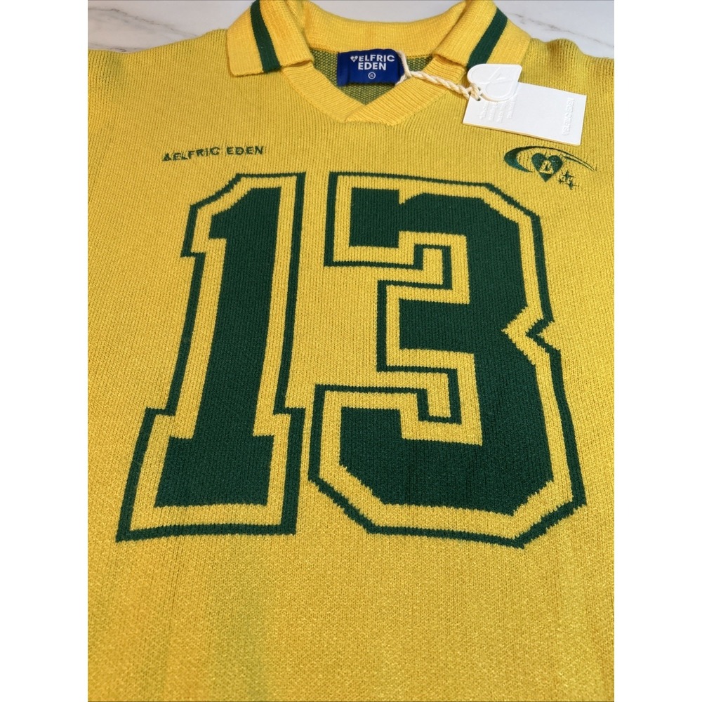 Aelfric Eden Graphic Polo Sweater Oversized V Neck‎ Knit XL Yellow  NWT